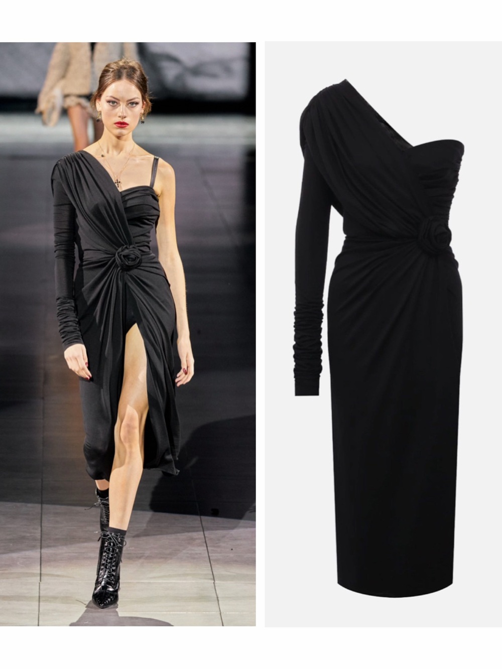 Dolce & Gabbana Black One Shoulder Rose Ruched Midi Dress 4 Runway NWT 🟡